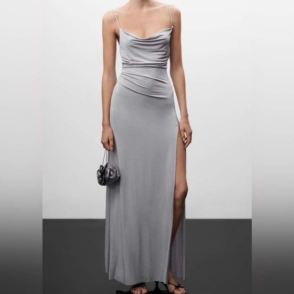 Mango Gray Ruched Maxi Gown with Sweetheart Neckline